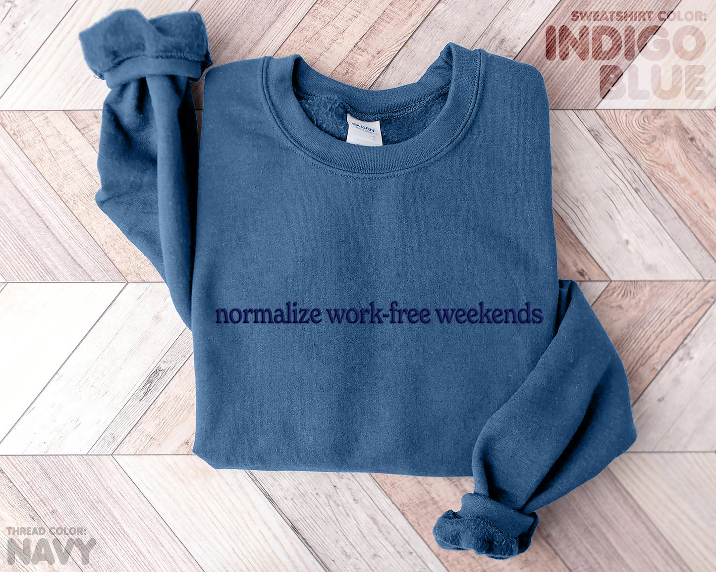 "normalize work-free weekends" embroidered sweatshirt