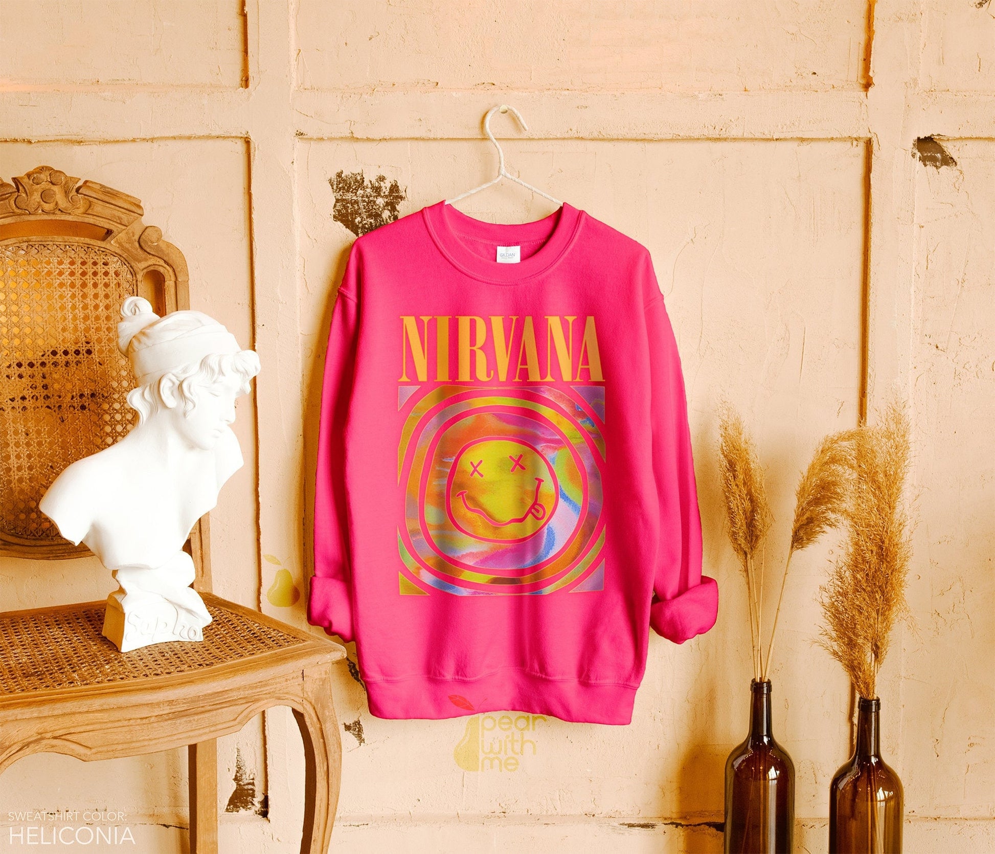 NlRVANA Smiley Sweatshirt; NlRVANA Aesthetic Smiley Sweatshirt; Rainbow Yellow Smiley Face Pink Preppy Sweatshirt; NlRVANA Pink Sweatshirt